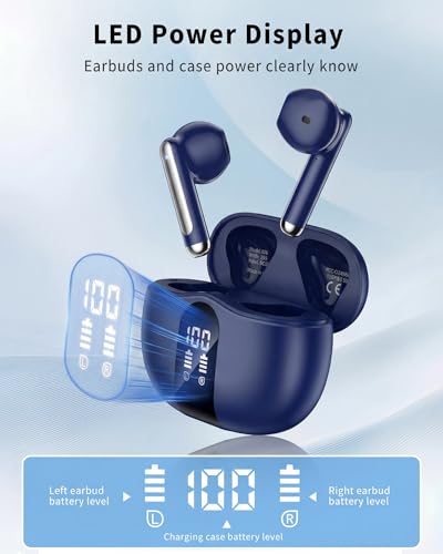 Wireless Earbuds, 2026 Bluetooth 5.4 Headphones Bass Stereo Ear Buds with Noise Cancelling Mic, LED Display in Ear Earphones 50H Playtime Ear Buds, IP7 Waterproof for Laptop Pad Phones Deep Blue - color: Deep Blue