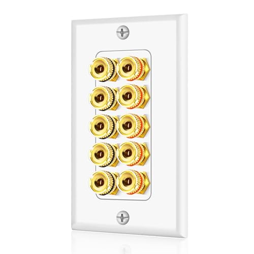 TNP Speaker Wall Plate for 1 Speaker, Banana Plug, Single Gang, White | Speaker Wire Wall Outlet with Gold-Plated Binding Posts for Spades or Bare Wire; for Home Theater and Surround Sound Setups - size: 5-Speaker