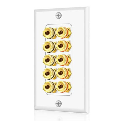 TNP Speaker Wall Plate for 1 Speaker, Banana Plug, Single Gang, White | Speaker Wire Wall Outlet with Gold-Plated Binding Posts for Spades or Bare Wire; for Home Theater and Surround Sound Setups - size: 5-Speaker