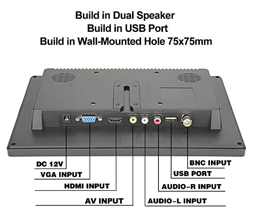 10 inch Portable HDMI Monitor Mini VGA Monitor Screen for PC/Camera/TV/Raspberry PI/Gaming; 1024x600 Pixel Support 1920x1080P Resolution; with Dual Speakers and USB Port
