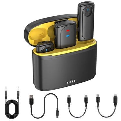 Wireless Lavalier Microphone for iPhone, iPad, Android, Camera - Mini Microphone with Noise Reduction & Charging Case - Mini Clip-on Mic for Podcasting, Vlogging, Live Streaming, Interview