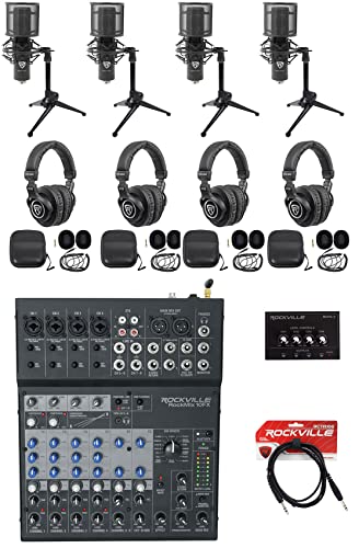 Rockville ROCKMIX 10FX USB Mixer/Interface with Mics and Headphones | USB Interface, 4 RCM PRO Condenser Mics, 4 PRO-M50 Headphones, 4 RDTS Stands, RHPA4 Headphone Amp, 6' TRS Cable, 15-items