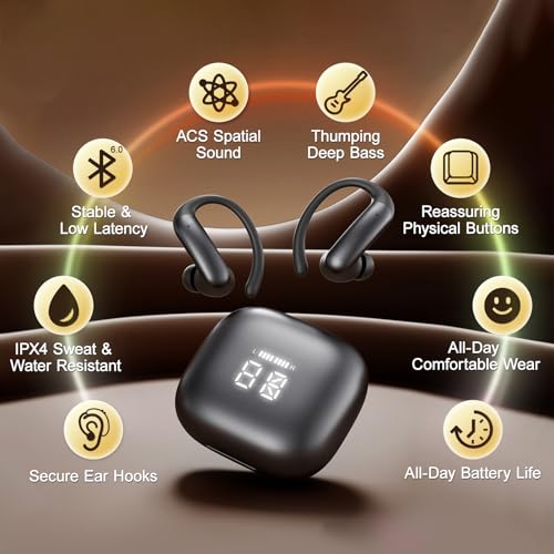 Sport Earbuds with Ear Hook 66hrs Playtime with LED Display Case, Wireless Bluetooth 6.0, Sports Over The Ear Earbuds, IPX4 Gym Workout Running Headphones, Deep Bass & Stereo Sound. - color: Black