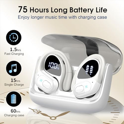 Wireless Earbuds 75H Bluetooth 5.4 Sport Headphones with Earhooks, White | IPX7 Waterproof In-ear Buds Feature ENC Noise Cancelling Mic & Deep Bass. Stereo Sound Device for Gym Running Workout - color: White