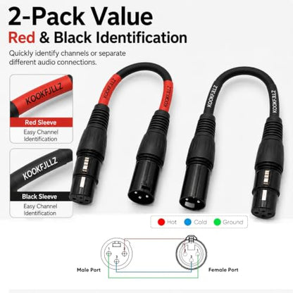 Professional XLR Male to Female Microphone Cables - 6 Inch Balanced Audio Extension Cord (2-Pack) for Studio Equipment, Mixers, Mics