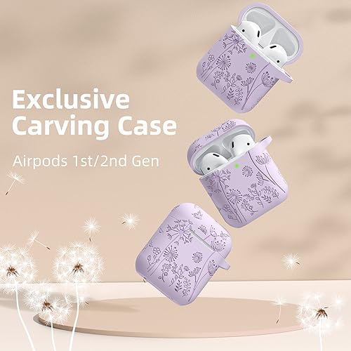 Lerobo for AirPod Case 2nd/1st Generation with Keychain | Flower Engraved Soft Silicone Shockproof Cover for AirPods 2 Case, Wireless Charging, Led Visible, One-piece Design, Lavender - color: Lavender