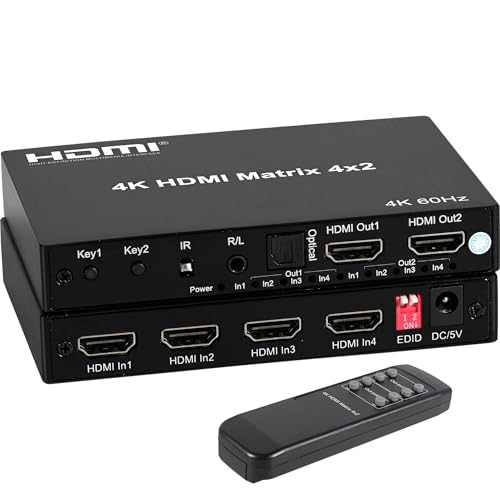 4K 4x2 HDMI Matrix Switch with 3.5mm Stereo Audio Extractor and Audio Optic Output, 4 in 2 Out Video Switcher&Splitter, Support HDMI 2.0 4K@60Hz