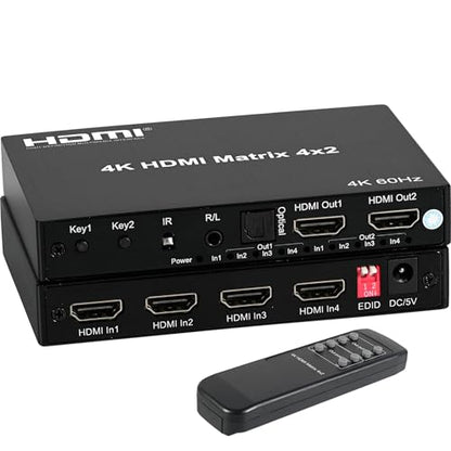 4K 4x2 HDMI Matrix Switch with 3.5mm Stereo Audio Extractor and Audio Optic Output, 4 in 2 Out Video Switcher&Splitter, Support HDMI 2.0 4K@60Hz