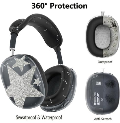 [4 in 1] Case Cover for AirPods Max 2/1 (2026/2024/2020) Ear Pad Case Cover/Headband Cover/Ear Cups Cover with Bling Star for Apple AirPods Max Headphones (Black Stars) - color: Black Stars