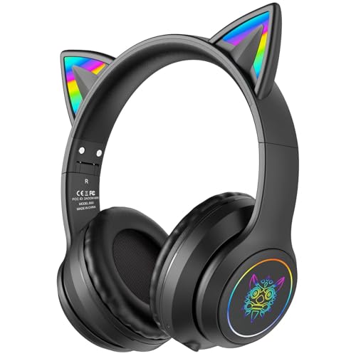 Bluetooth RGB Cat Ear Headphones, Foldable/Built-in Mic, Black | Wireless/wired, clear Hi-Fi sound, breathing lights, for kids/adults/boys/school/gaming, works with phone/laptop/PC/tablet - color: Black