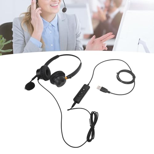 Headset with Noise Canceling Microphone, USB Dual Ear Volume Adjustable Office Telephone Headset with Long Cable, for Call Center, Customer Service