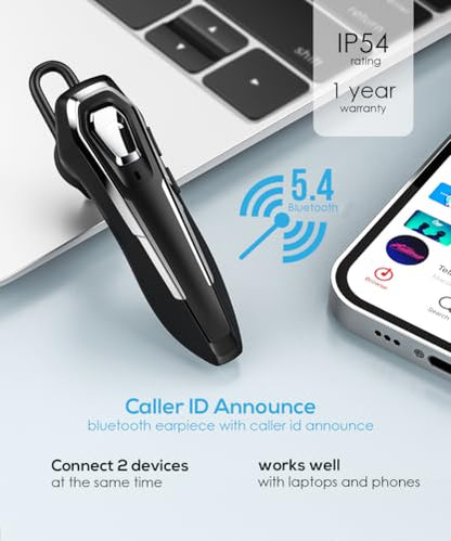Wireless Headsets V5.4 with Noise Canceling Mic Single Earphones Bluetooth Headset 36Hrs Talking Time Wireless Bluetooth Headphones for Driving Black