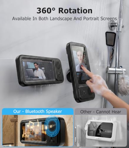 Shower Phone Holder with Bluetooth Speaker IPX6 Waterproof | 6-12H Playtime High-Sensitivity Touchscreen Rich Bass Sound Quality No-Drilling 360° Wall Mount for Bathroom Bathtub Kitchen - color: Charcoal gray