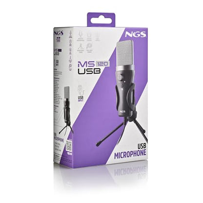 NGS MS120 USB Cardioid Microphone for Streaming, Podcast and Gaming, Latency-Free Monitoring, Volume Control, Mute Button, Plug & Play, for PC, PS4, PS5, Non-Slip Mount