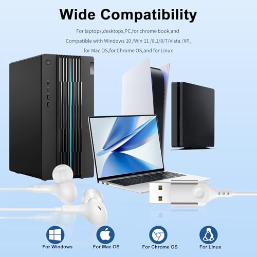 USB Earbuds with Microphone for PC Laptop,Wired USBA Headset,White | in Ear Buds Noise Isolating Light Laptop Earphones,Headphones with Mic for Dell HP Computer PC Office Zoom Work Gaming School - color: White