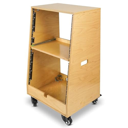 Sound Town DIY Slanted 16U Studio Rack (8U Top + 8U Lower), with 2U Bottom Storage, Slide-Out Tray, Caster, Plywood, Golden Oak for Recording Room, Home Studio (SDRK-ST16T) - size: 16U(8U Top + 8U Lower),Golden Oak