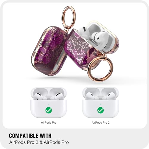 wenew case for Airpods Pro 2 Case, Flower Airpod Pro Slim Hard Case Cover with Carabiner for Women Girls (Golden Purple) - color: Golden Purple