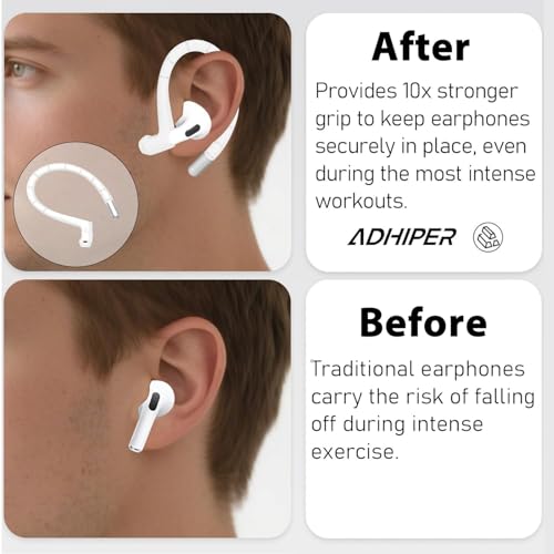 Adhiper Ear Hooks for Airpods 4, 3, 2, 1 & Airpods Pro 2, 1 Gen - White | Memory Wire Ear Hooks [Added Anti-Lost Lanyard & 3-in-1 Cleaning Kit], Anti-Slip Sports Accessories for Airpods Series