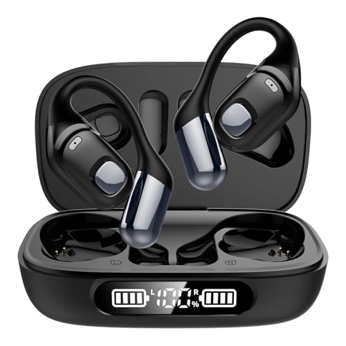 Open Ear Earbuds, Bluetooth 5.3 Wireless Air Conduction Headphones with Mic, LED Display Charging Case&Fast Charging, Ultra-Light Weight, 80H Playtime Earbuds for Work, Sports (Black) - color: Black