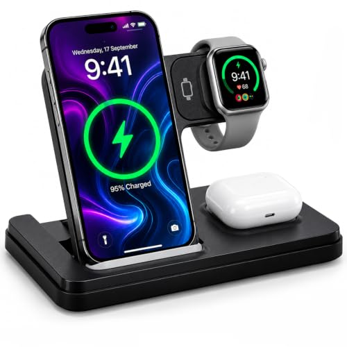 Foldable 3 in 1 Wireless Charging Station for Apple Magsafe Charger Stand,Fast Magnetic Wireless Charger Station for iPhone 17 Air 16 15 14 13 12 Series,Airpods Pro,Apple Watch Ultra