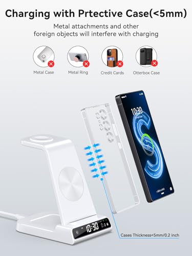 Wireless Charger for Samsung S25 with Clock 3 in 1 Android Charging Station | Charging Station for Galaxy S25 Ultra,Z Flip 7,Fold,Galaxy Bud,Watch Charger for Galaxy Watch 8,7,6,5Pro, Nightstand Charger - color: White