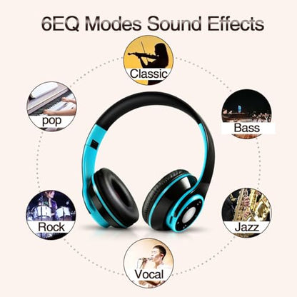 Bluetooth Headphones Over Ear, Wireless Headphones with 5 EQ Modes, 20 Hours Playtime Foldable HiFi Stereo Headset with Microphone, FM/TF for Cellphone/PC/Work/Travel/Kids/Adults/Gift (Blue) - color: Blue