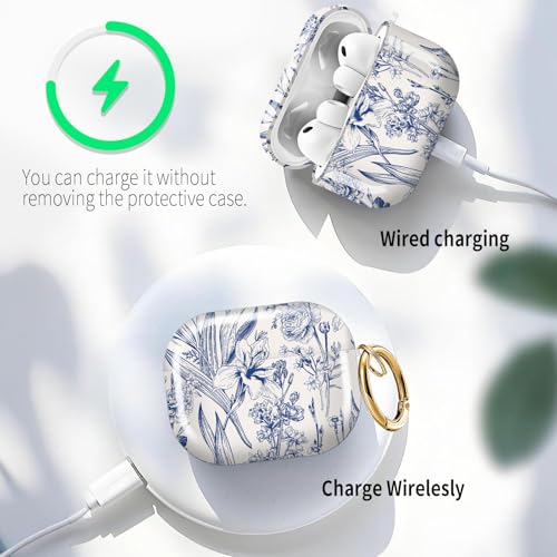 for AirPods Pro 3 Case (2025), Cute Cover Compatible with AirPod Pro 3rd Generation Shell with Rose Gold Keychain Earbuds Case for Women（Blue Flowers and Grass） - color: Blue flowers and grass