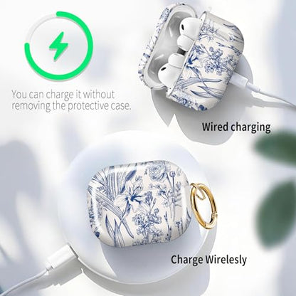 for AirPods Pro 3 Case (2025), Cute Cover Compatible with AirPod Pro 3rd Generation Shell with Rose Gold Keychain Earbuds Case for Women（Blue Flowers and Grass） - color: Blue flowers and grass