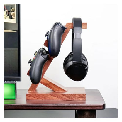 Solid Wood Headset Stand with Gaming Controller Holder, Desktop Gaming Accessory