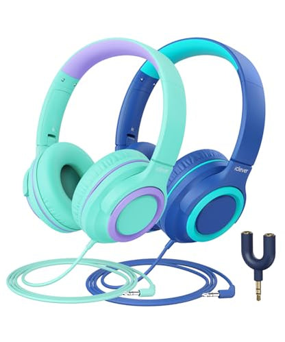 iClever HS22 2-Pack Kids Headphones with Sharing Splitter for School Travel | SafeSound Tech3.0, Share Audio, Tangle-Free, 3.5mm Jack, Foldable, Stereo Sound, Wired Headphones for Kids, Green & Blue - color: Green & Blue