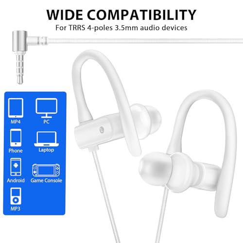 ASKUBSKU 3.5mm Headphones Sport Wired Earbuds with Mic Fit Travel, White | Noise Isolating Running Earphone Stereo Over Ear Buds Wired Plug in with Ear Hook for Samsung A15 A03s A14 S10 A12 for Switch - color: White