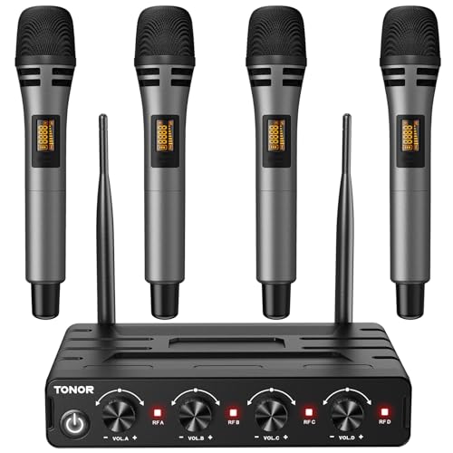 TONOR Wireless Microphones System, Handheld Microfono Inalambrico, Gray | 4x10 Channels Cordless Mics, 60 m/200FT UHF Range with Stable Signal Transmission for Karaoke Singing Party Church Wedding - style: 4 Handheld Mics Grey