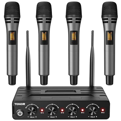 TONOR Wireless Microphones System, Handheld Microfono Inalambrico, Gray | 4x10 Channels Cordless Mics, 60 m/200FT UHF Range with Stable Signal Transmission for Karaoke Singing Party Church Wedding - style: 4 Handheld Mics Grey