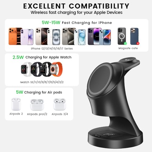 3 in 1 Wireless Charging Station for Apple Devices,Magsafe Charger for IPhone17 16 15 14 13 12 Pro/Max/Plus/Mini Wireless Charger Station for AirPods 2/3/4/Pro iWatch Ultra11/10/9/8/7/SE/6/5/4/3/2 - color: Black