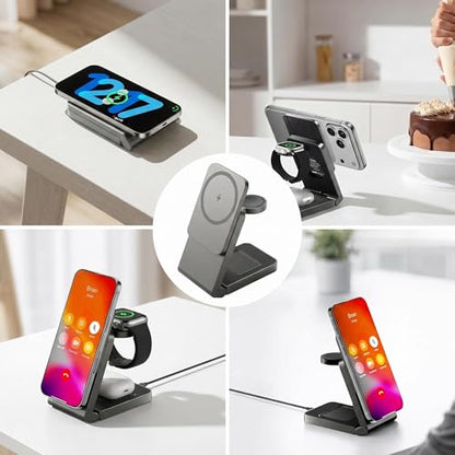 3 in 1 Charging Station for Apple, Wireless iPhone Charging Station for Multiple Devices, Foldable Magnetic Mag-Safe Charging Station for iPhone 17/16/15/14/13/12/pro/pro max,Apple Watch,AirPods