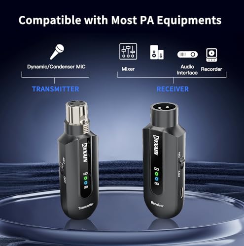 Wireless Microphone Transmitter Receiver 2.4GHz, Wireless Microphone Adapter Rechargeable XLR Transmitter Receiver for Mixer PA Speaker DSLR Camera, 48V Phantom Power for Condenser Mic