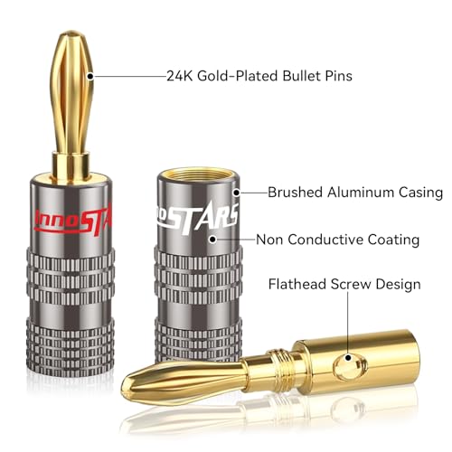 Banana Plug Gold Plated (4 Pair, 8 Pcs), Closed Dual Screws Design, Banana Connectors for All Speaker Wires with a Diameter from 0.75mm to 4mm, Wall Plate, Home Theater, Receiver, Amplifier - size: 4 Pairs / 8 Pcs, style: Bullet Pin Banana Plugs