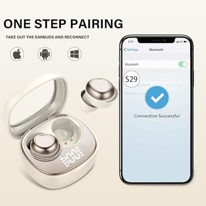 Sleep Ear Buds, 2025 True Wireless Earbuds, Ultra-Mini Bluetooth 5.4 Earbuds for Side Sleepers, 53H Play Hi-Fi Stereo 3D Bass Noise Cancelling Bluetooth headphones, USB C, IP7 Waterproof LED Earphones - color: Off white