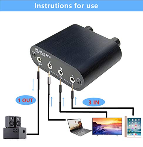 3.5mm Audio Switch with line Volume Controller, 3 in 1 Out 1/8" aux switcher Splitter selector Box, Mini Inline Headphone attenuator Volume Control knob -MC31 - color: 3-port 3.5mm Switch with volume