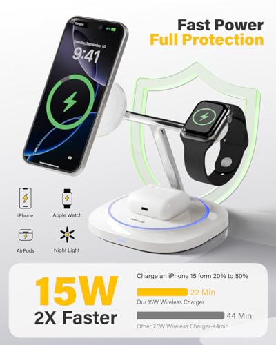 3 in 1 Magnetic Wireless Charger for Apple -Fast Charging Station Compatible with MagSafe for iPhone17-12, Apple Watch&AirPods, Phone and Watch Charger Stand for Desktop Bedside Office (Elegant White) - color: Elegant White