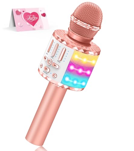 Karaoke Microphone Toys for Kids, Wireless Bluetooth Mic with Lights & Speaker, Portable Home KTV Player System, Perfect Birthday Party for 3-12 Year Old Boys & Girls - color: Rose Gold