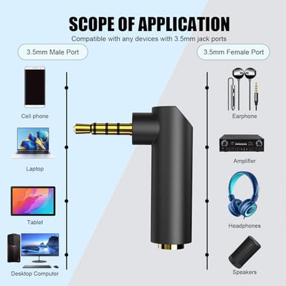 3.5mm Angle Male to Female Audio Adapter,90 Degree Right Angle Gold-Plated TRS Stereo Jack Plug Aux Connector, Compatible with Headsets, Tablets, MP3 Players, Game Controllers, Speakers - 2pack