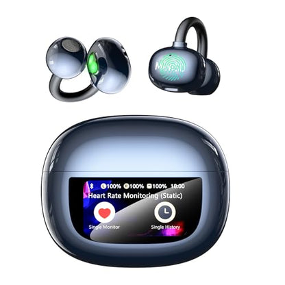 MINISO Clip On Earbuds Open Ear Earbuds Wireless Bluetooth 5.4 Headphones Heart Rate Monitor, Noise Cancelling, IPX5, LCD Full Color Touch Screen, Sports Ear Buds wiht mic Secure Fit for Small Ears
