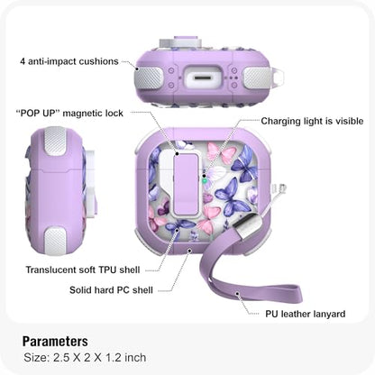 WENEW Case for AirPods 4th Case Cover Secure Lock Automatic Snap Switch Clip Cleaner Kit Lanyard Women Stylish Flower Armour Hard Shell Full Body Front LED Visible (Purple Butterfly, AirPods 4th) - color: Purple Butterfly, size: AirPods 4