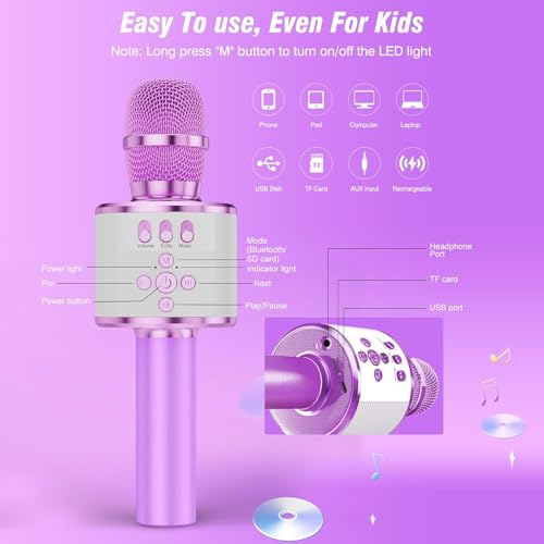BONAOK Karaoke Microphone for Kids & Adults - Bluetooth Microphones Singing Mic with Disco Lights, Echo Effect, Built-in Speaker Portable Karaoke Player for Party Travel Gifts Q78(Light Purple) - color: Light Purple