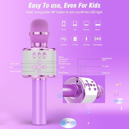 BONAOK Karaoke Microphone for Kids & Adults - Bluetooth Microphones Singing Mic with Disco Lights, Echo Effect, Built-in Speaker Portable Karaoke Player for Party Travel Gifts Q78(Light Purple) - color: Light Purple