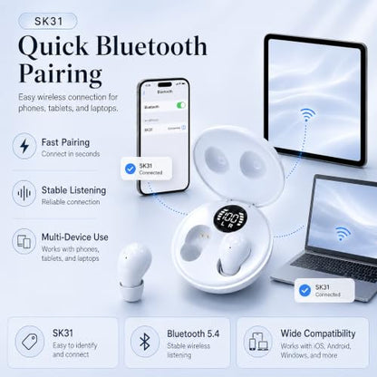 Invisible Bluetooth Earbuds for Small Ears, Skin Tone, Mini Wireless, Discreet, for Side Sleepers, Work, Office, with Smart LED Display Charging Case, White - color: White