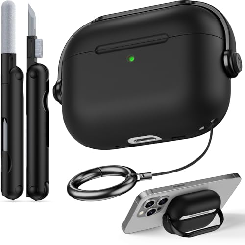 Case for Apple Airpods Pro 3 (Black) | with Safety Lock, Phone Holder Function, TPU Material, with Portable Hook, Multifunctional Cleaning Tool - color: B-Black, size: Airpods Pro 3 (2025)
