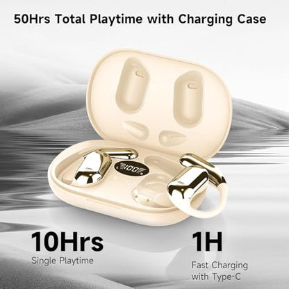 Open Ear Bluetooth 5.4 Earbuds, Wireless Headphones Sport Over Earphones Built-in Mic with Ear Hooks, 60H Playtime Ear Buds Fast Charging, IPX7 Waterproof for Running/Workout,kin Color