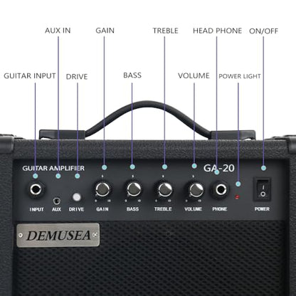 Electric Guitar Amplifier 20w Guitar Amp Starter Beginner Practice Small Portable Travel Headphone Aux Distortion Gain Treble Bass Volume Noiseless Cable Adapter Pick Aux Cable Earphone (BK) - color: Black